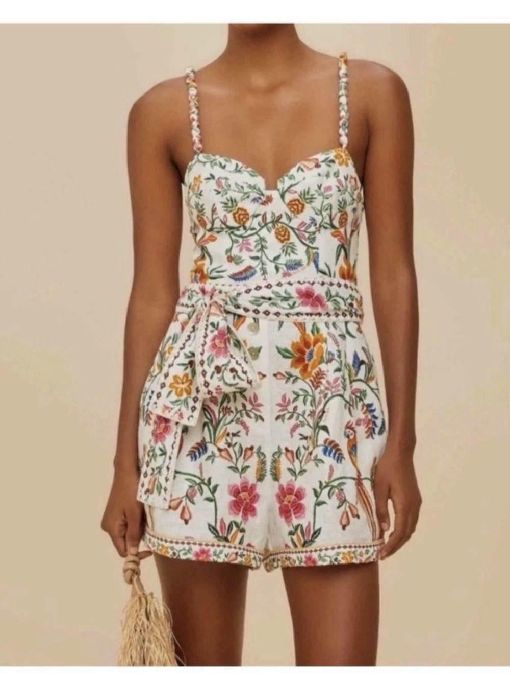 FARM Rio Off-White Delicate Forest Euroflax™ Premium Linen Romper Size XL $220